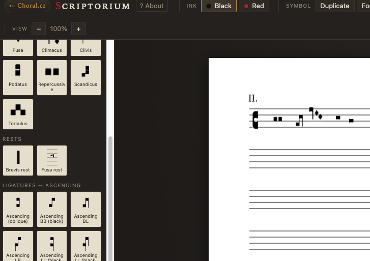 Scriptorium is a free, browser-based editor for creating mensural notation and other historical musical notations.